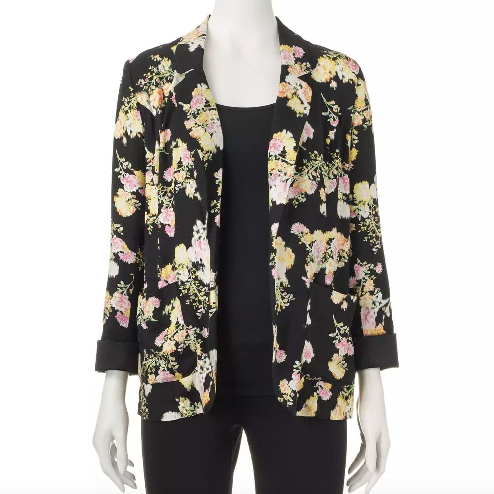 Candies Blazer Jrs Large Black Floral Open Front Unstructured Feminine Hipster